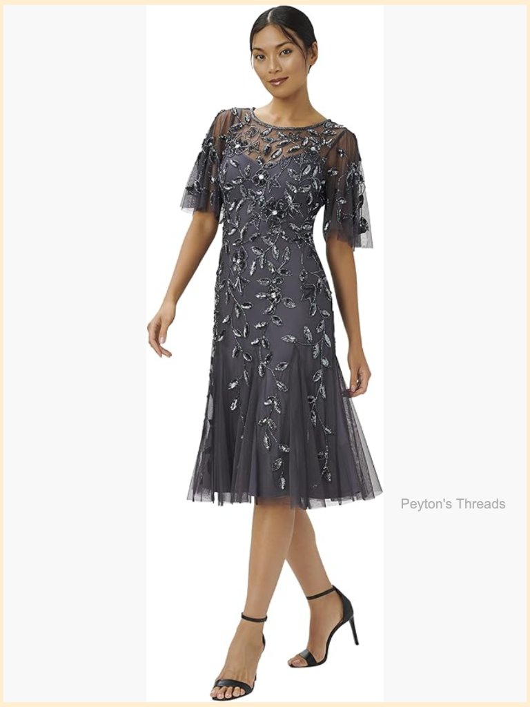 Elegant Beaded Midi Cocktail Dress With Flutter Sleeves
